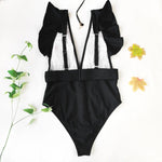 Sexy One Piece Swimsuit 2025 White Deep-V Neck Swimwear Women Black Beach High Cut Ruffles Monokini Buckle Bathing Suit Bodysuit