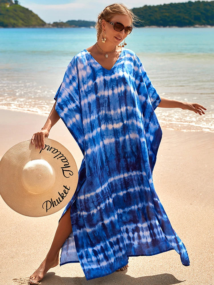 2025 Loose Boho Style Maxi Dress Print Face Swim Suit Cover-up Bohemian Dress Robe Plage Kaftan Maxi Dress Beach Wear Tunics