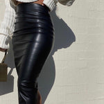 Women Autumn Sexy High Waist Bodycon Skirt Fashion Adults Slim-fit Solid Color Slit Leather Long Skirt Black/White