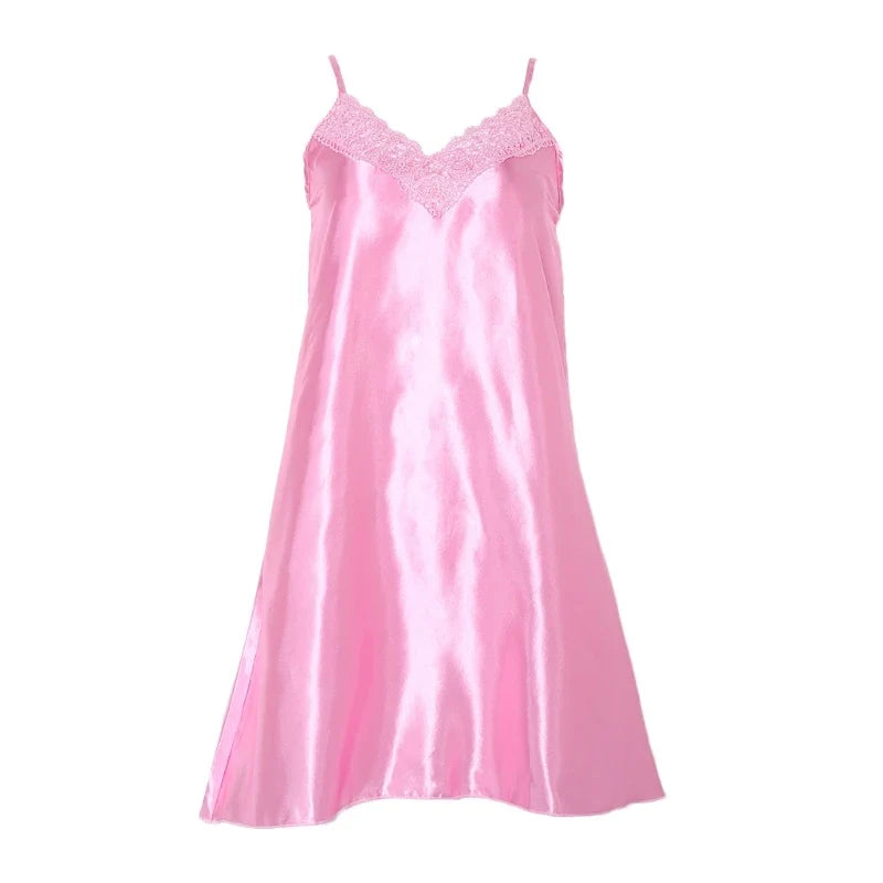 Women Ice Silk Cool Nightgown Pyjamas Sexy V Neck Sleepwear Nightwear
