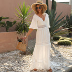 Summer White Maxi Dress for Women 2025 Lace Bohemian V-neck Solid Ruffles Beach Cover Up Wedding Party Vestidos