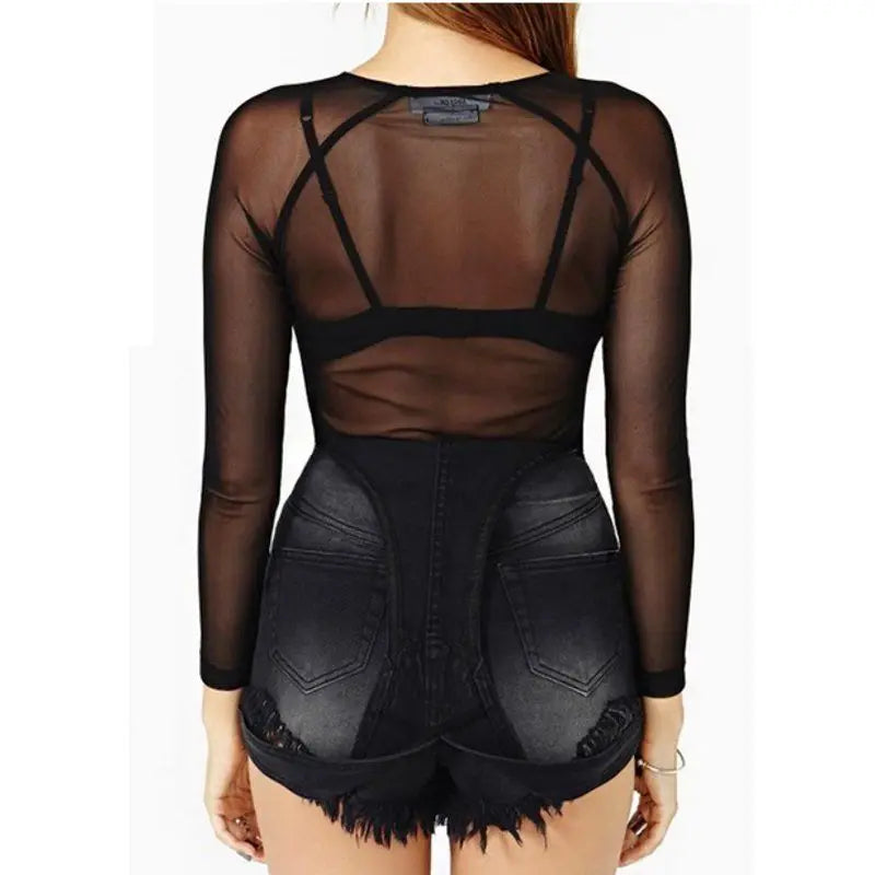 Hot NewSpring Summer Womens Long Sleeve Sexy Black Mesh Top T Shirts Transparent Punk Club Streetwear Tees Beach Tops