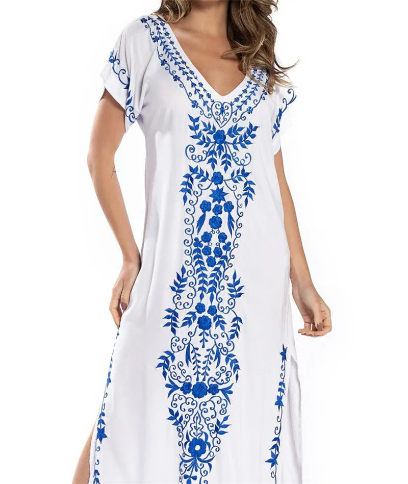 2026 Indie Folk Embroidered Short Sleeve Summer Dress Cotton Tunic Beach Kaftan Women Beachwear Swimsuit Cover Up Robe de plage
