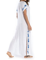 2026 Indie Folk Embroidered Short Sleeve Summer Dress Cotton Tunic Beach Kaftan Women Beachwear Swimsuit Cover Up Robe de plage