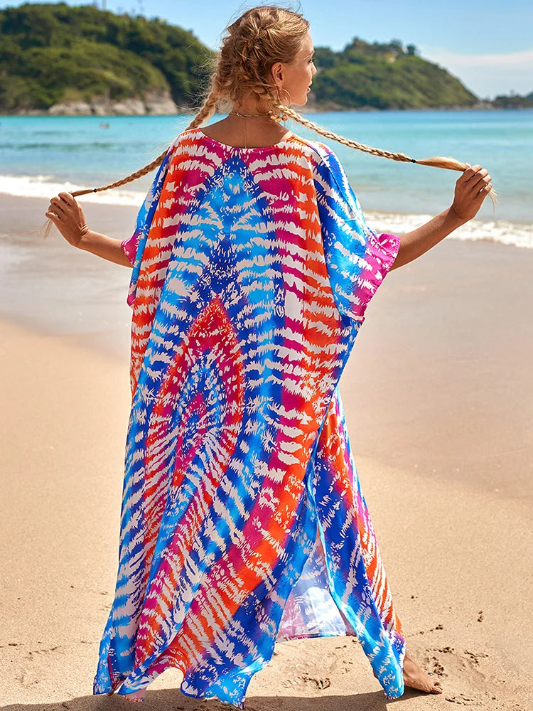 2025 Loose Boho Style Maxi Dress Print Face Swim Suit Cover-up Bohemian Dress Robe Plage Kaftan Maxi Dress Beach Wear Tunics