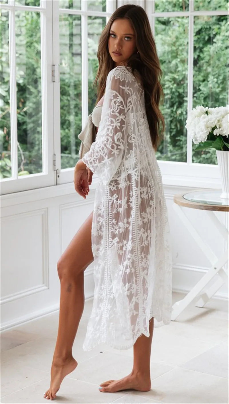 Crochet White Knitted Beach Cover Up Dress Tunic Long Pareos Bikinis Cover Ups Swim Cover Up Robe Plage Beachwear