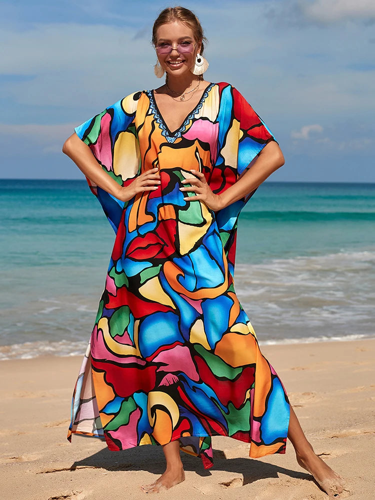 2025 Loose Boho Style Maxi Dress Print Face Swim Suit Cover-up Bohemian Dress Robe Plage Kaftan Maxi Dress Beach Wear Tunics