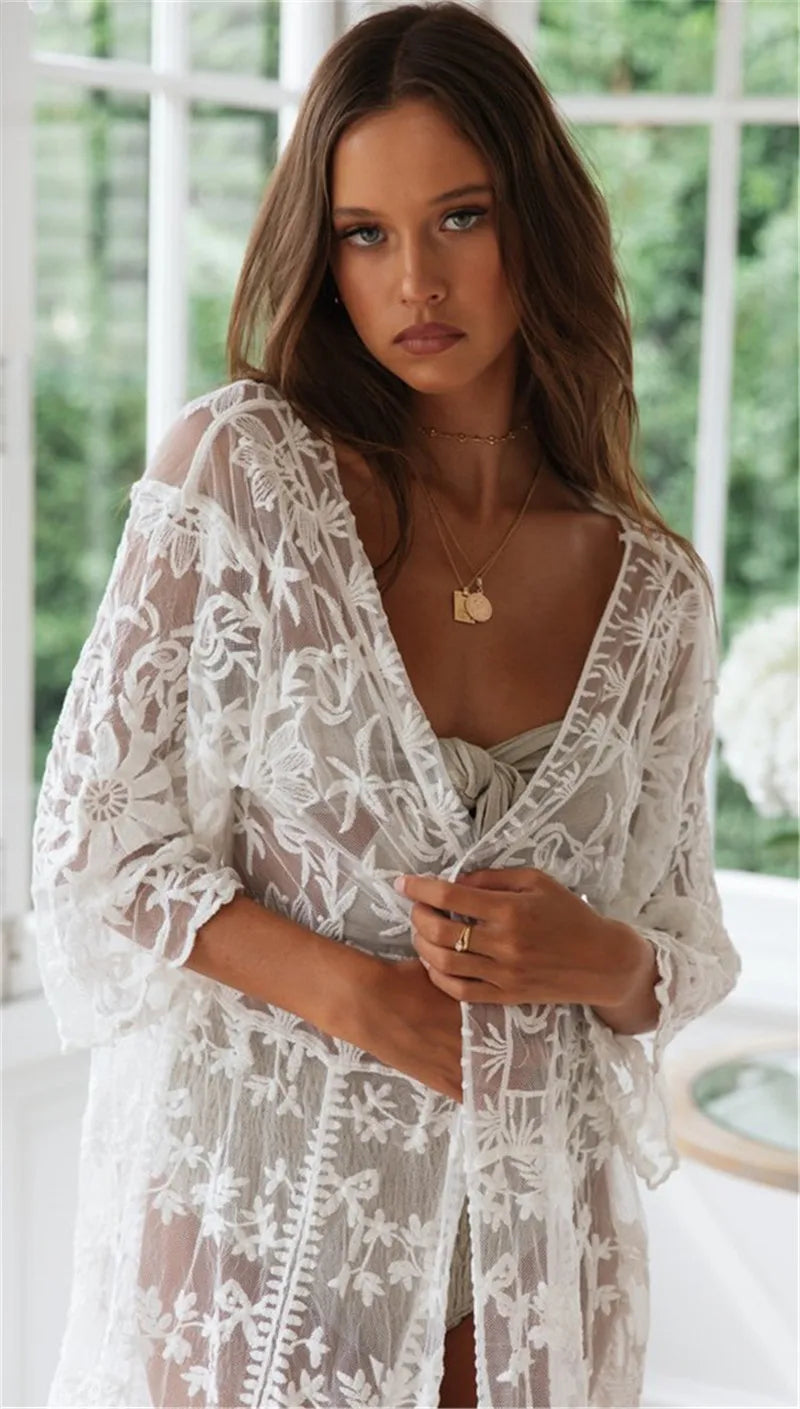 Crochet White Knitted Beach Cover Up Dress Tunic Long Pareos Bikinis Cover Ups Swim Cover Up Robe Plage Beachwear