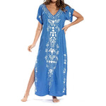 2026 Indie Folk Embroidered Short Sleeve Summer Dress Cotton Tunic Beach Kaftan Women Beachwear Swimsuit Cover Up Robe de plage