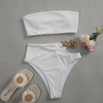 Bandeau Bikini 2025 Women Sexy White Black Cut Out Metal High Waist Swimsuit Female Off Shoulder Bathing Suit Swimwear Beachwear