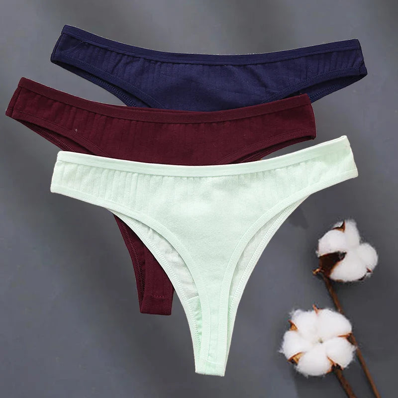 6Pcs/Set Women Cotton G-String Ribbed Panties Female Low Rise Thongs Ladies Sexy Bikini 7 Solid Color Girl Soft S-XL Intimates