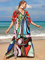2025 Loose Boho Style Maxi Dress Print Face Swim Suit Cover-up Bohemian Dress Robe Plage Kaftan Maxi Dress Beach Wear Tunics