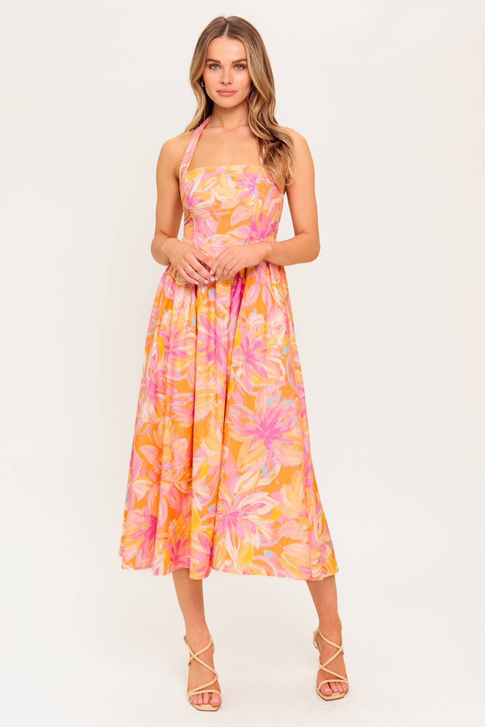 MORNING BLOOM CORAL WOVEN MIDI DRESS