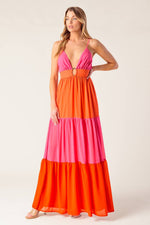 REGAL RISE WOVEN COLOR BLOCKED MAXI DRESS