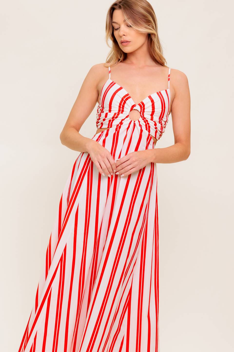 DREAM PETALS RED STRIPE WOVEN ANKLE DRESS