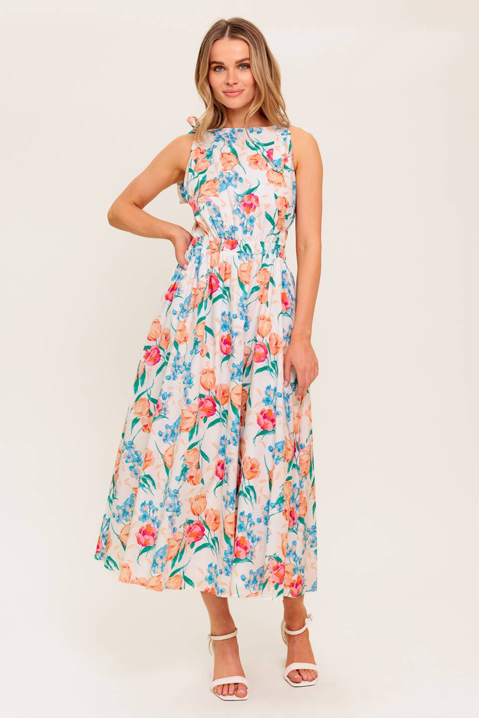 WHISPERING FLORA WOVEN MIDI DRESS