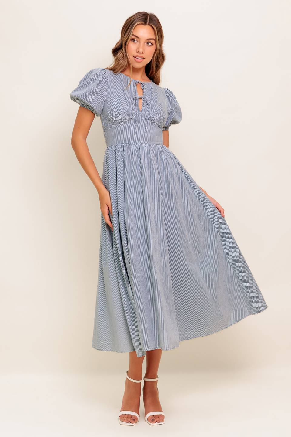 COZY GARDEN IVORY BLUE WOVEN MIDI DRESS