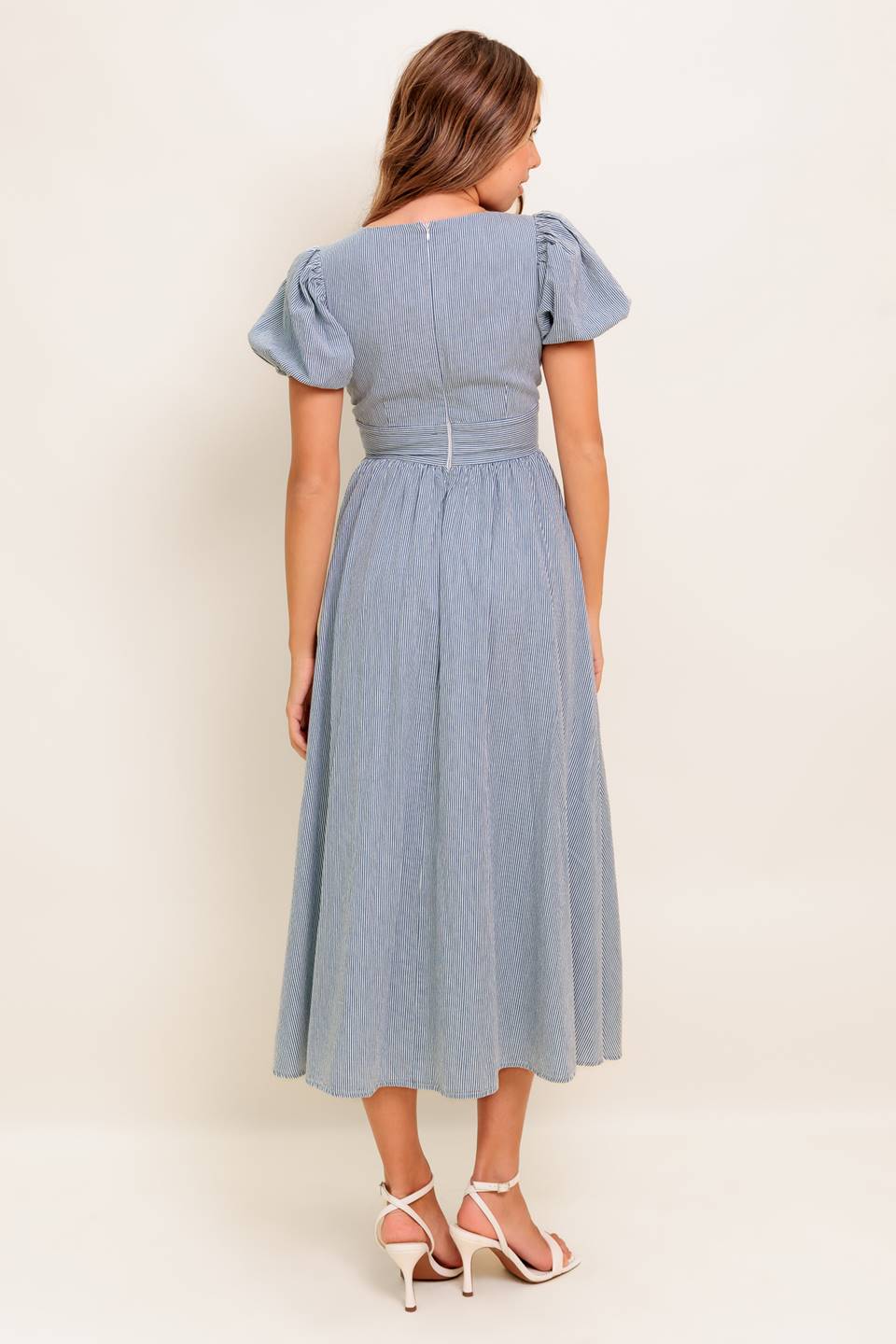 COZY GARDEN IVORY BLUE WOVEN MIDI DRESS