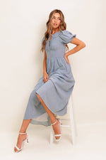 COZY GARDEN IVORY BLUE WOVEN MIDI DRESS