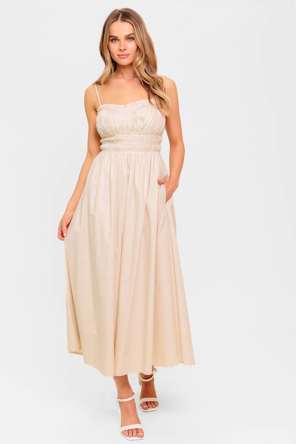 HONEY SUNSET CREAM WOVEN MIDI DRESS