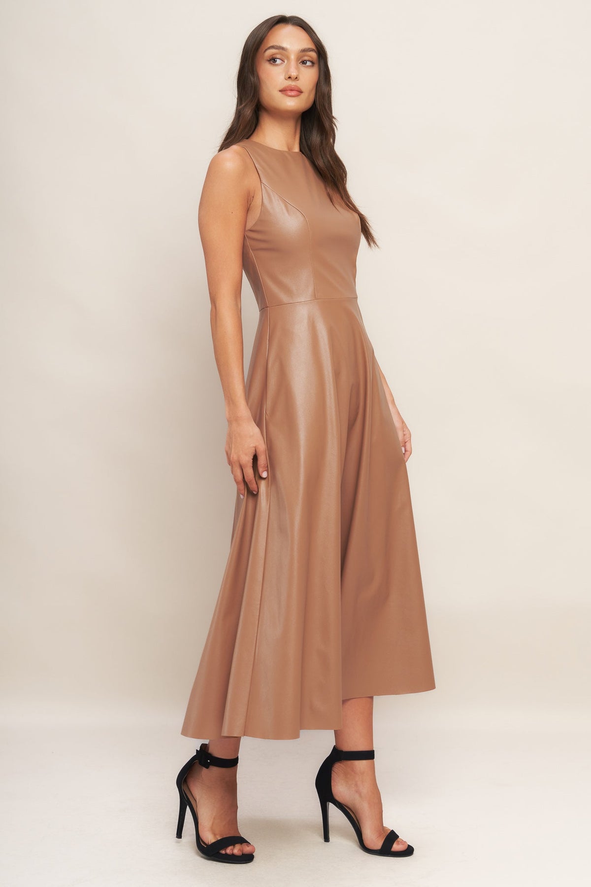 BARE SOPHISTIQUE FAUX LEATHER MIDI DRESS