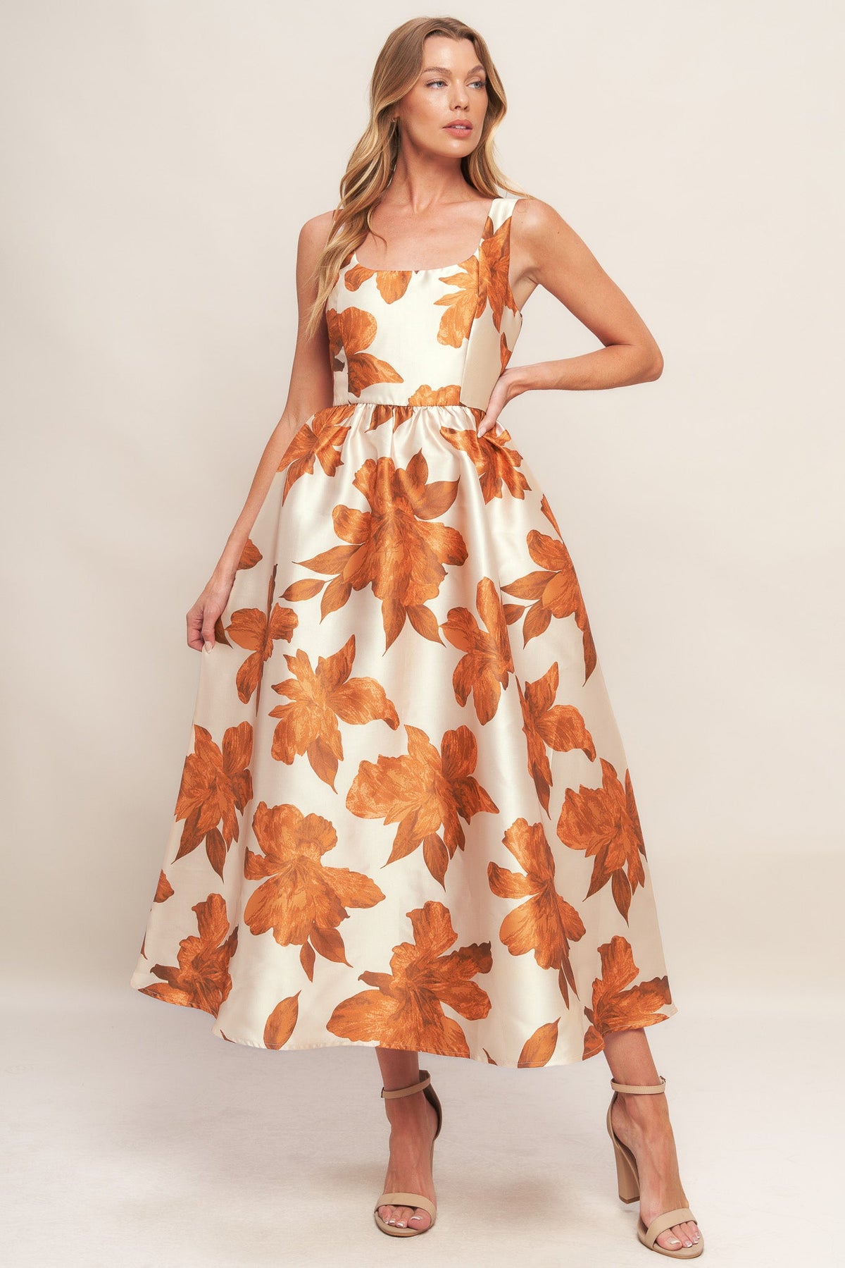 AUTUMNAL FLORAL WOVEN MIDI DRESS