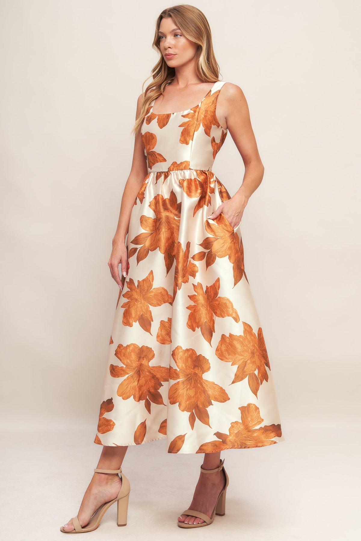 AUTUMNAL FLORAL WOVEN MIDI DRESS