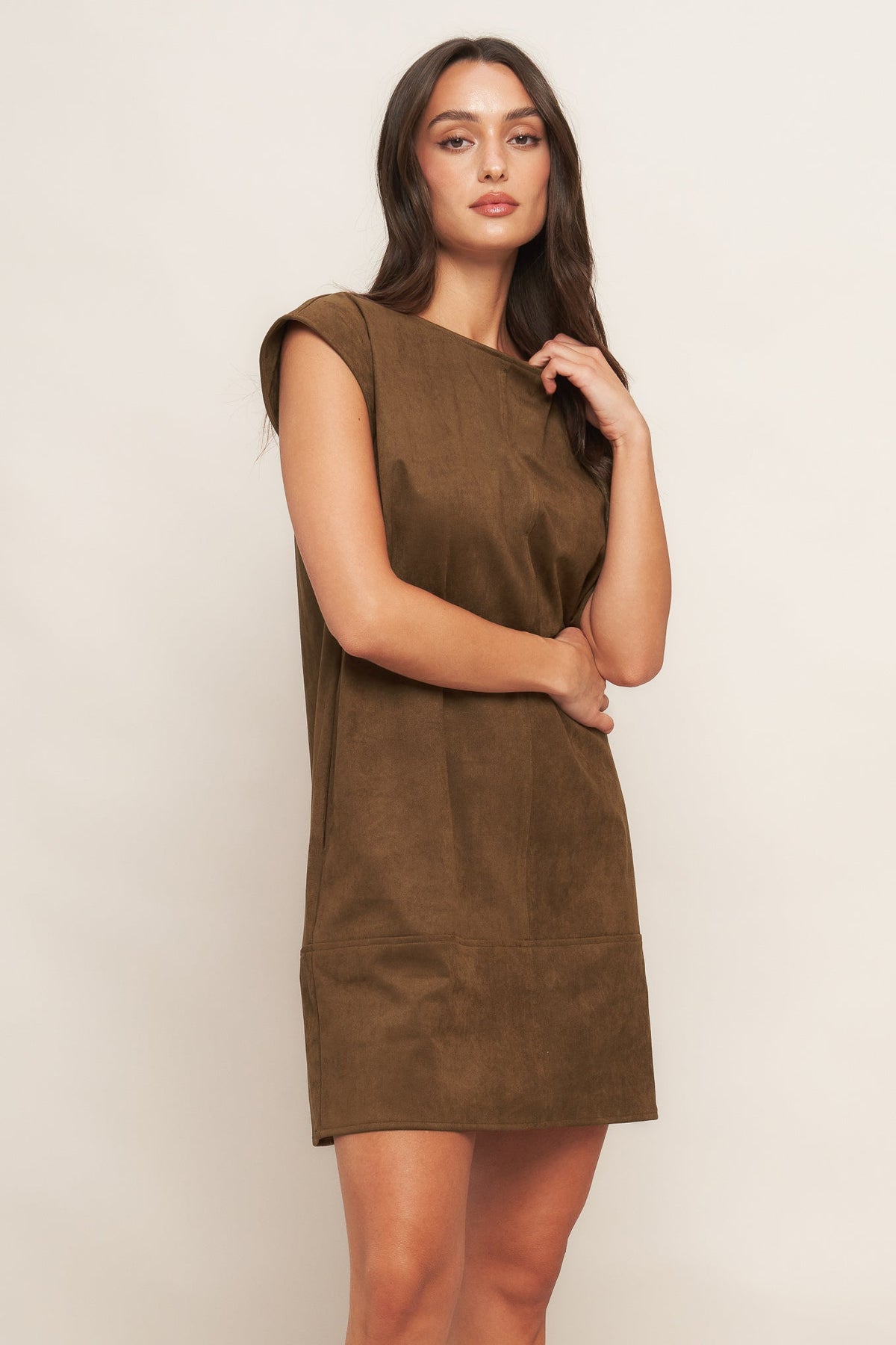 QUIET LUXURY EDGE FAUX SUEDE MIDI SHIFT DRESS