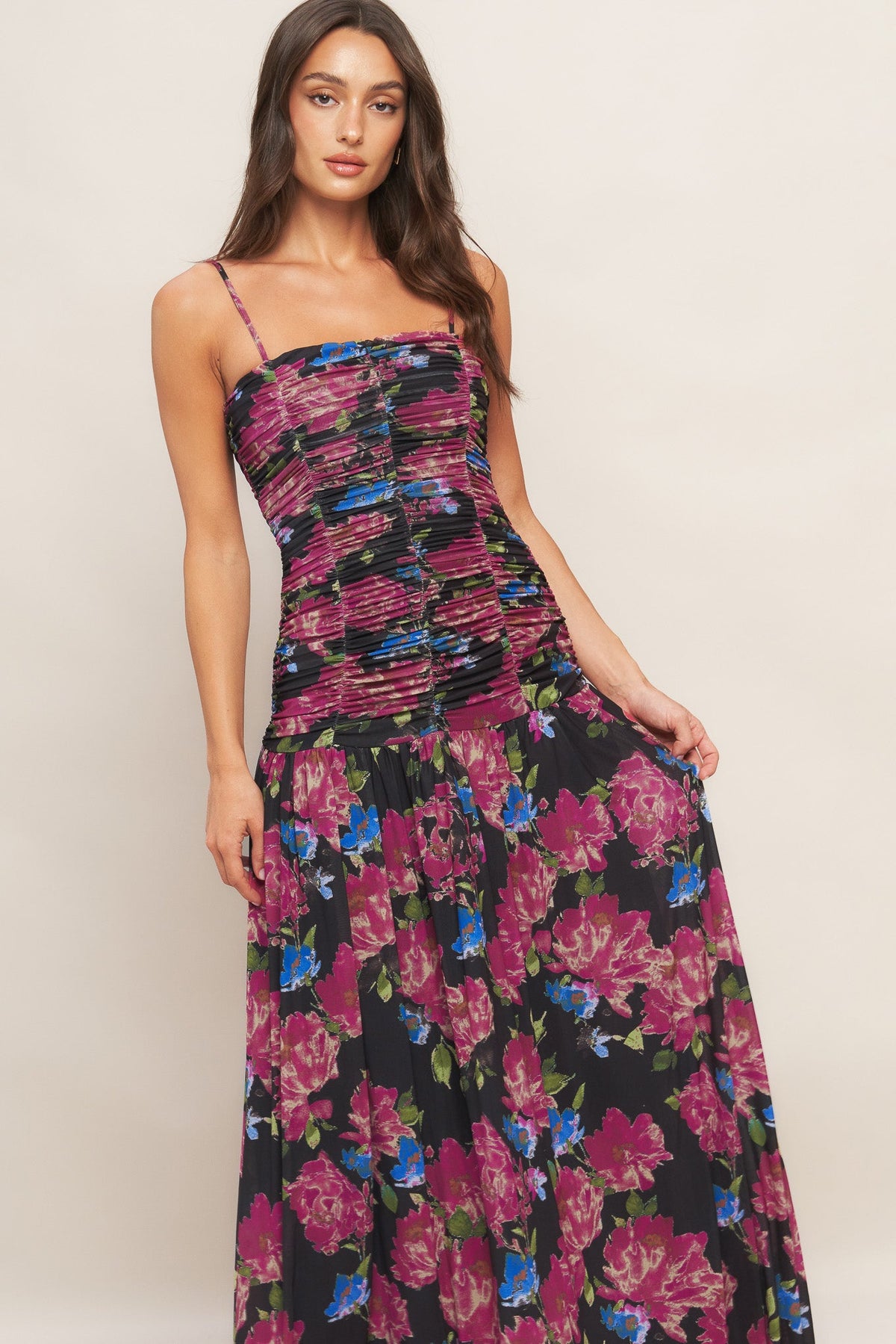 NIGHT FLORIST POWER MESH MAXI DRESS