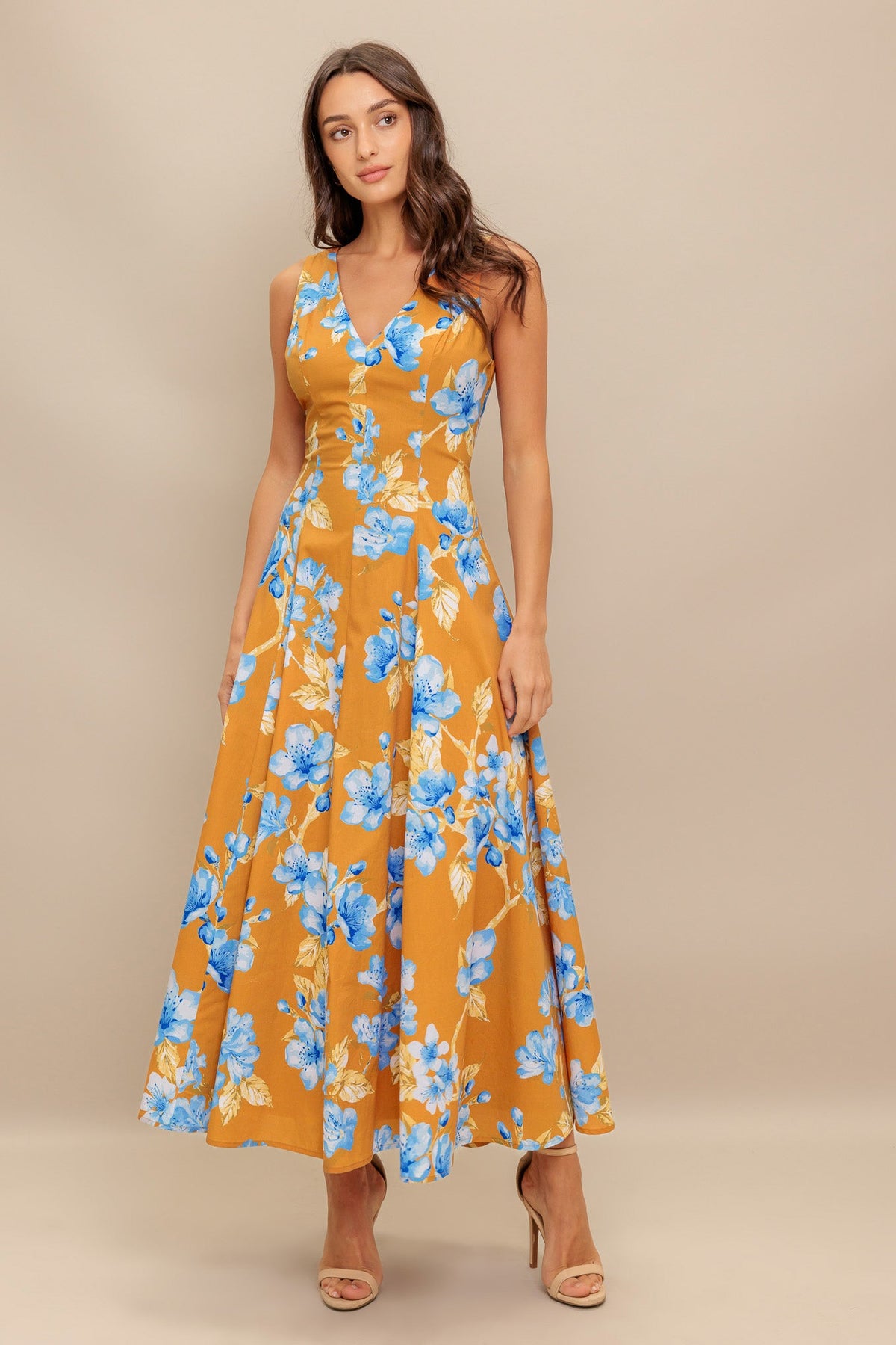 SKYBLOSSOM RUSH WOVEN MIDI DRESS