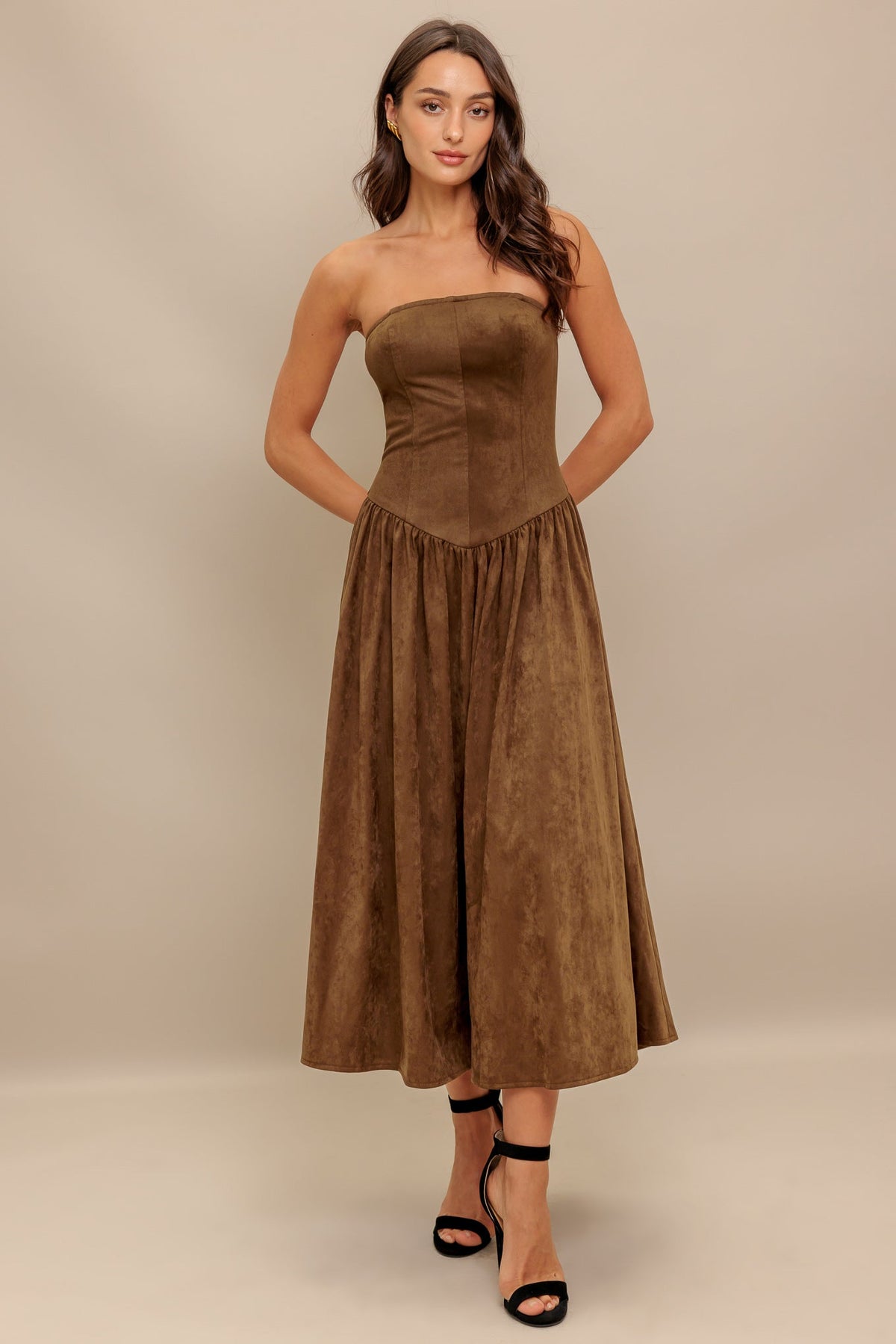 WILD ESPRESSO FAUX SUEDE MIDI DRESS
