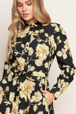 MIDNIGHT BLOOM BLACK WOVEN MIDI DRESS