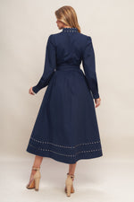 SHINE BRIGHT NAVY LONG SLLEVE WOVEN MIDI DRESS