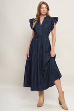 POWER DENIM GODDESS DARK INDIGO MIDI DRESS
