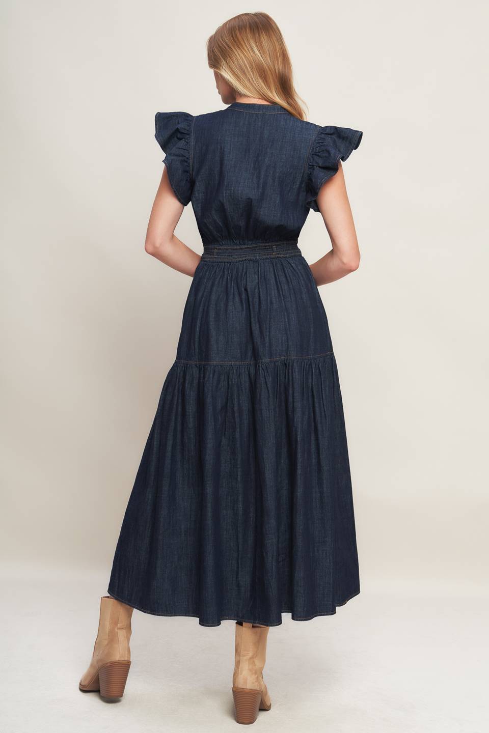 POWER DENIM GODDESS DARK INDIGO MIDI DRESS
