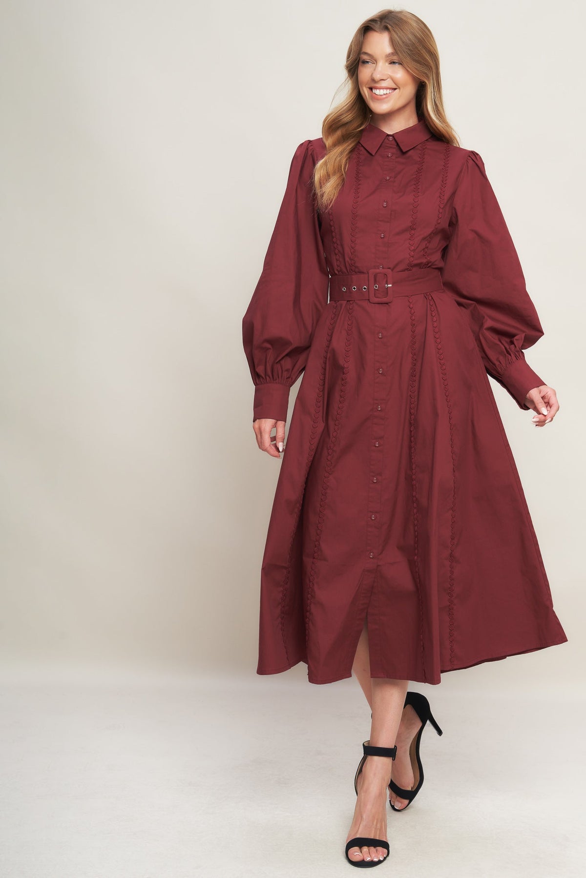 MODERN FEMME BURGUNDY WOVEN MIDI DRESS