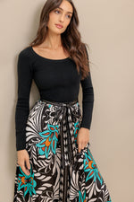 SUNBURST GARDEN BLACK MIDI DRESS