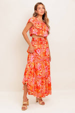 FAINT SUNBEAM RED WOVEN TOP AND SKIRT SET