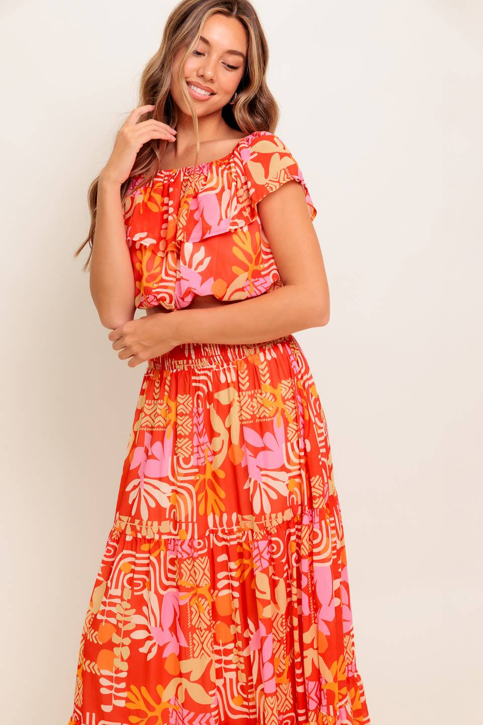 FAINT SUNBEAM RED WOVEN TOP AND SKIRT SET