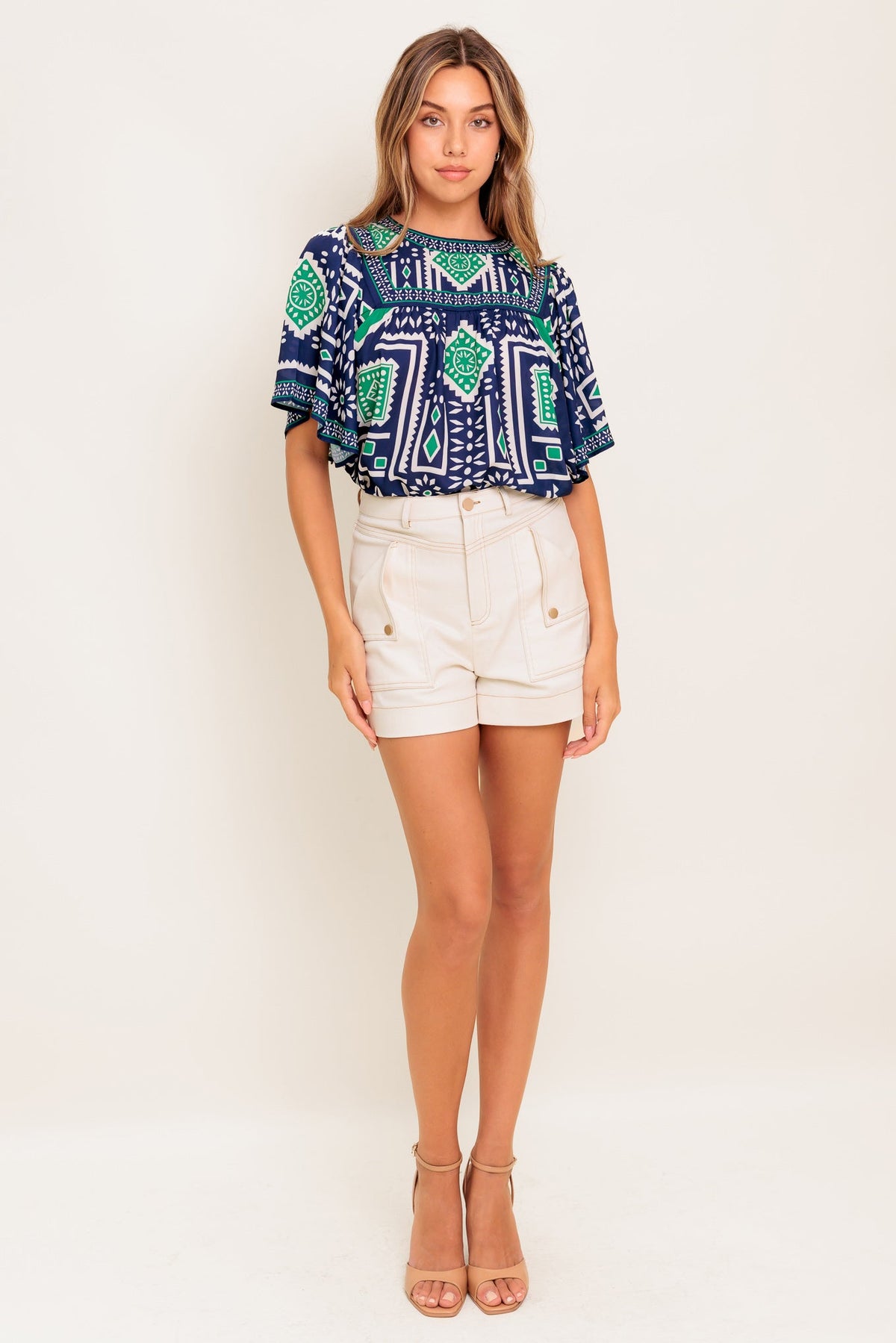 TILE ESCAPE EMBROIDERED WOVEN TOP