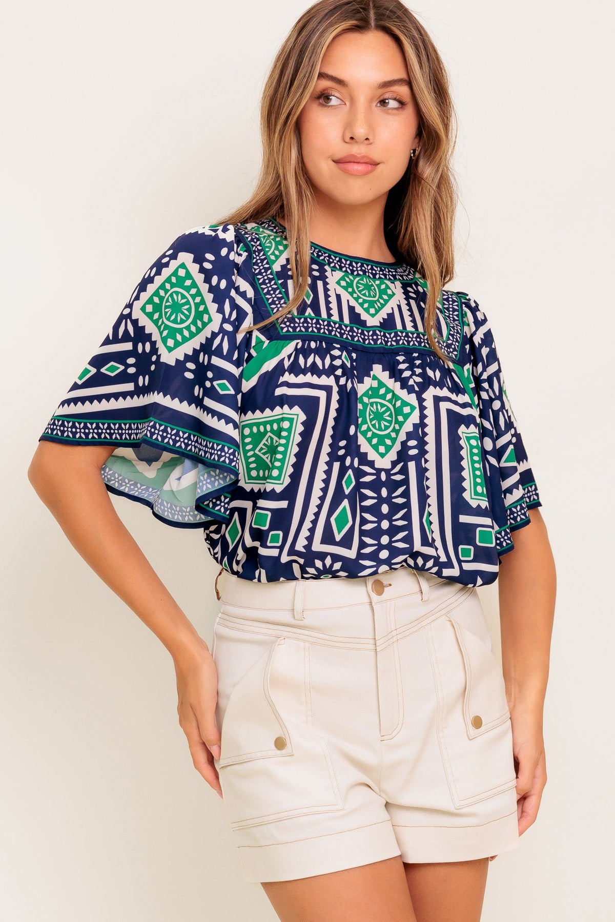 TILE ESCAPE EMBROIDERED WOVEN TOP