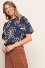 RETRO BLOOM PUFF SLEEVE WOVEN TOP