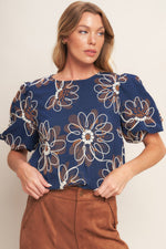 RETRO BLOOM PUFF SLEEVE WOVEN TOP