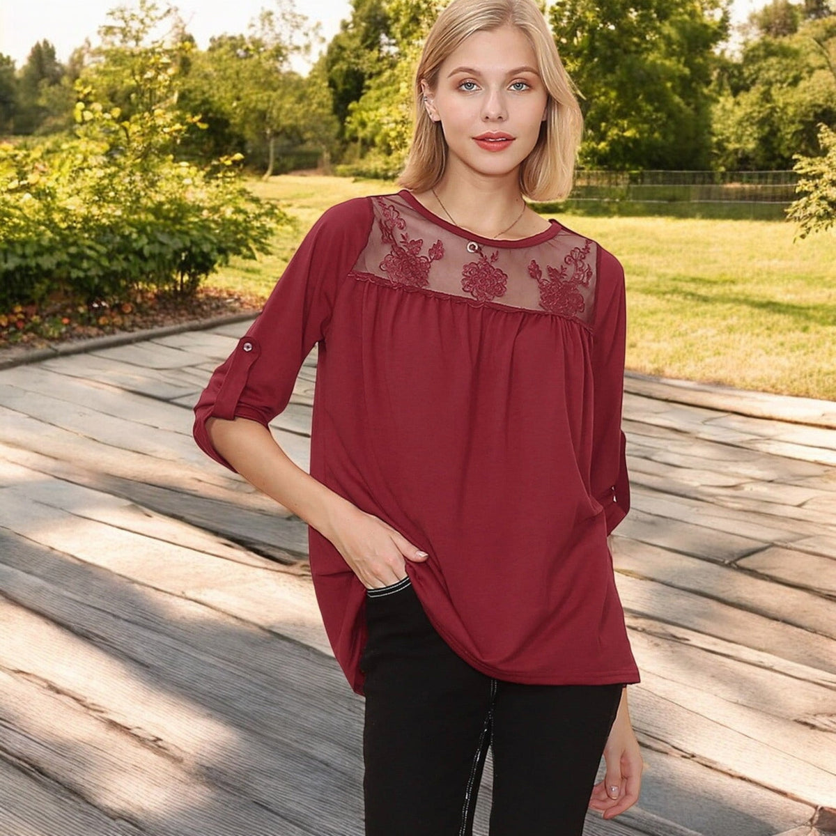 3/4 Sleeve Loose Fit Top with Sheer Floral Lace Yoke and Button Tab Sleeves