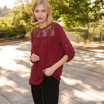 3/4 Sleeve Loose Fit Top with Sheer Floral Lace Yoke and Button Tab Sleeves