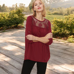 3/4 Sleeve Loose Fit Top with Sheer Floral Lace Yoke and Button Tab Sleeves