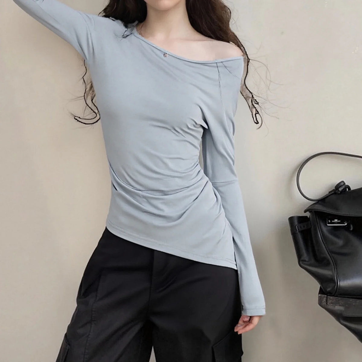 Women Irregular Crop Top YogaExercise Sports Gym Fashion Crop Top Casual T-Shirt Long Sleeve Boat Neck Solid Slim Sports Top