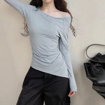 Women Irregular Crop Top YogaExercise Sports Gym Fashion Crop Top Casual T-Shirt Long Sleeve Boat Neck Solid Slim Sports Top