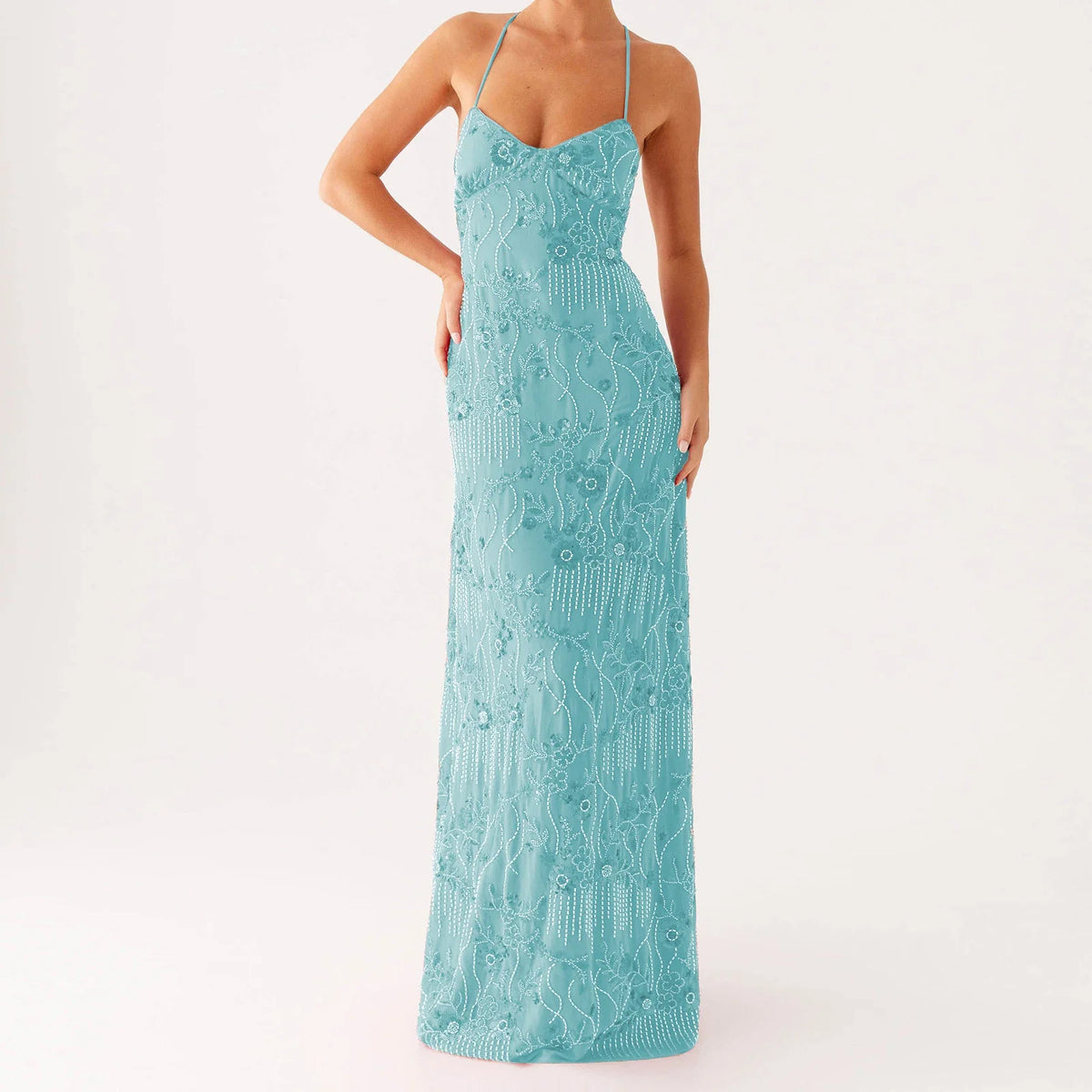 Elegant Sequin Beaded Women Maxi Dresses Flower Embroidery Sleeveless Party Cami Dress Summer Criss Cross Spaghetti Strap Dress