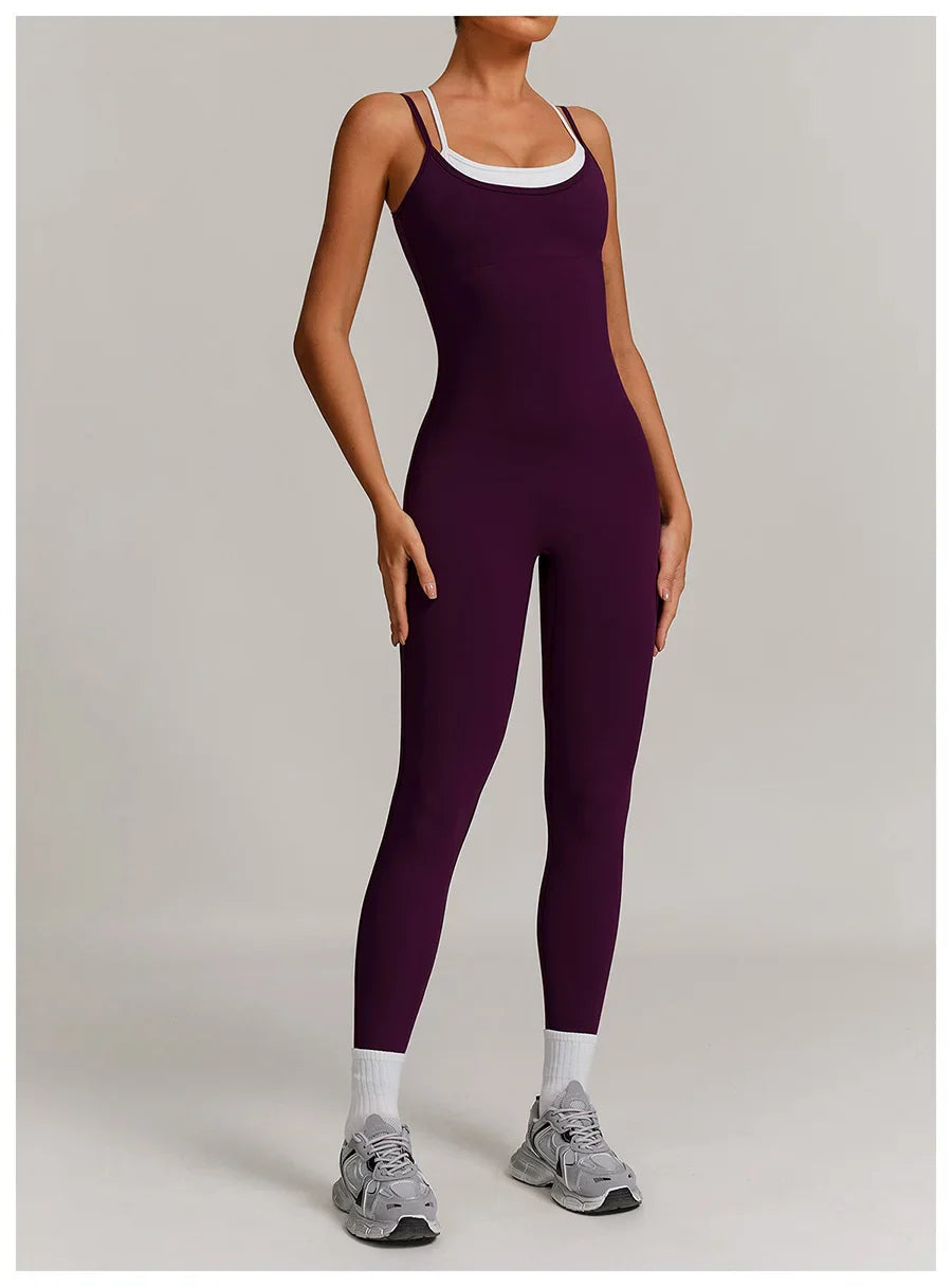 Yoga Jumpsuit Fake two color contrast halter sport jumps Women Push Up Gym Fitness Overalls Sport Outfit Sportswear Clothes 8843